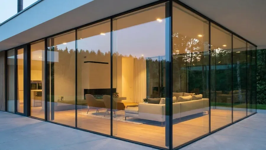 Floor to ceiling window wall linear fireplace in Viera