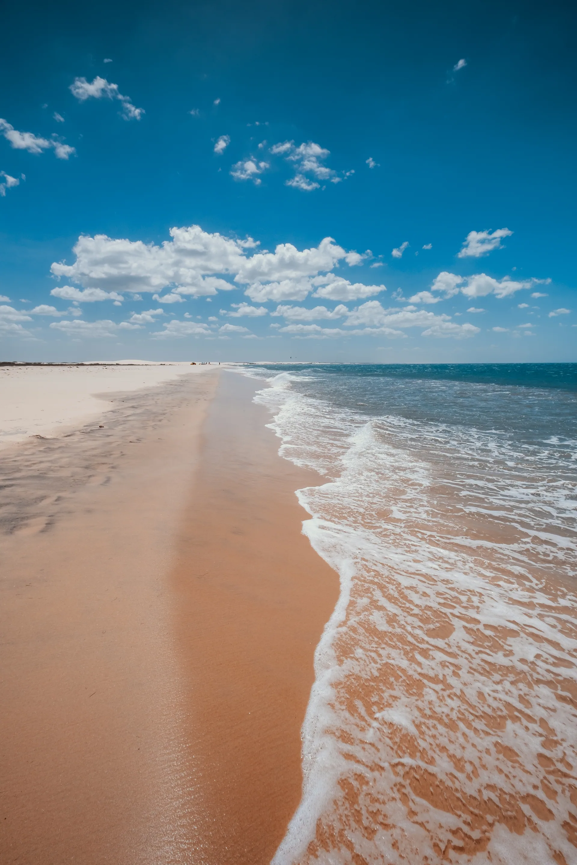 An empty beach with surf running up the sand under a blue sky